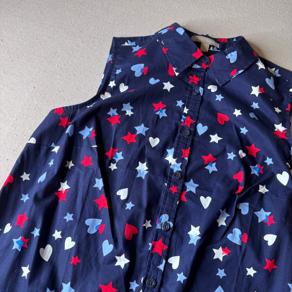 Woman Within Blue Star Heart Sleeveless Button Down Shirt Size 14/16 4th of July